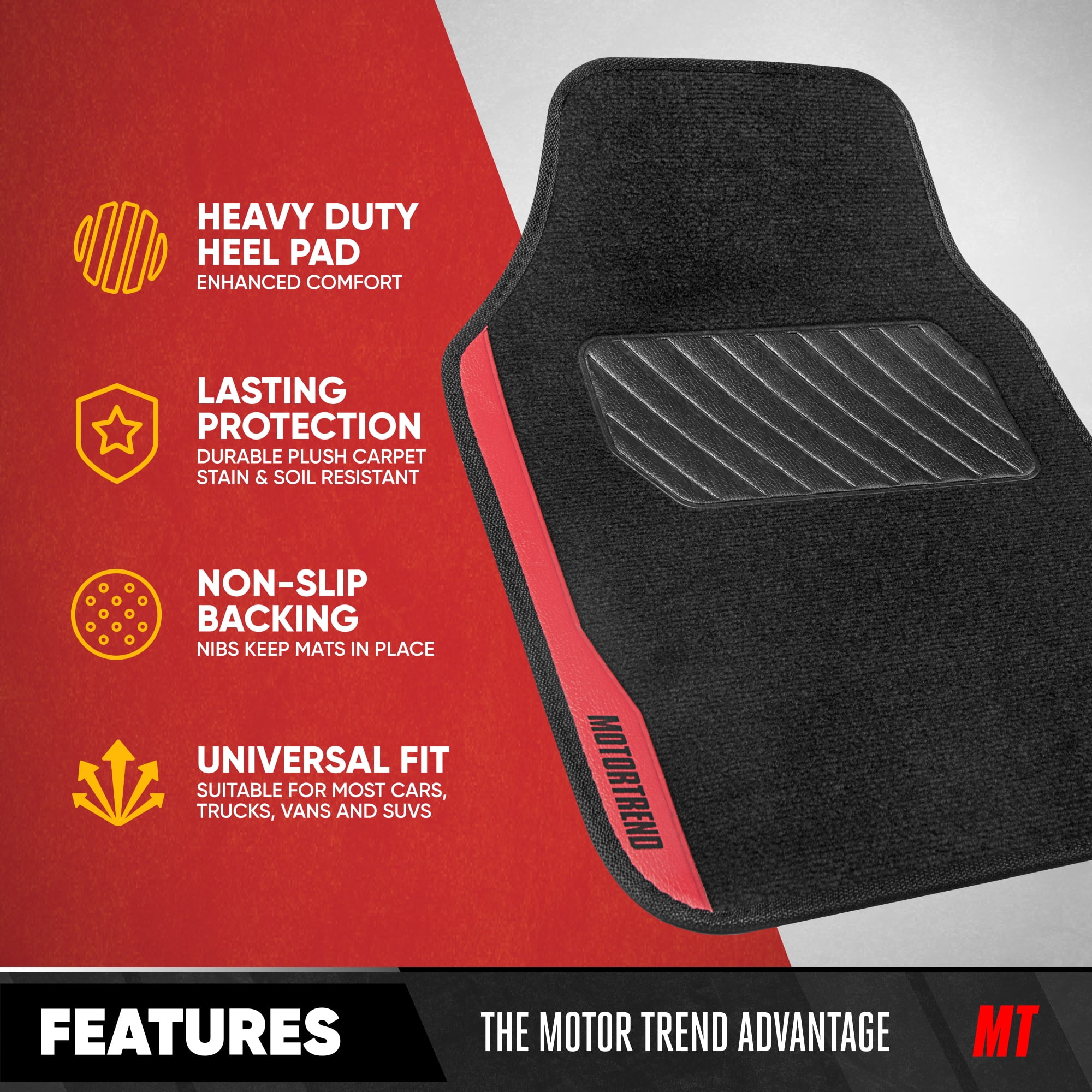 MotorTrend SpeedSeries Carpet Car Floor Mats Set - Universal Fit for Cars, Trucks, SUVs, Vans - Set of 4, Black & Red Car Mats Car Carpet Mats