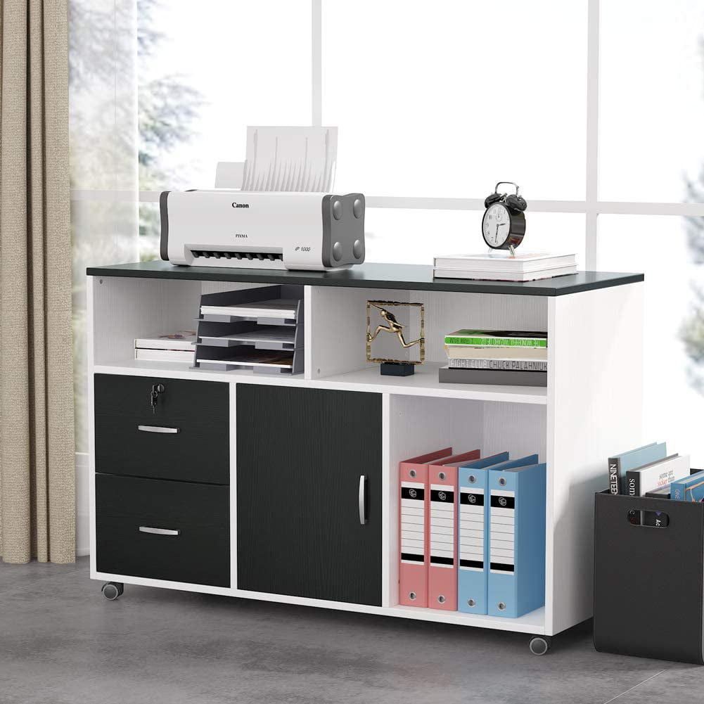Office Printer Cart Computer Stand File Storage Drawer Shelf Wood Mobile Cabinet 