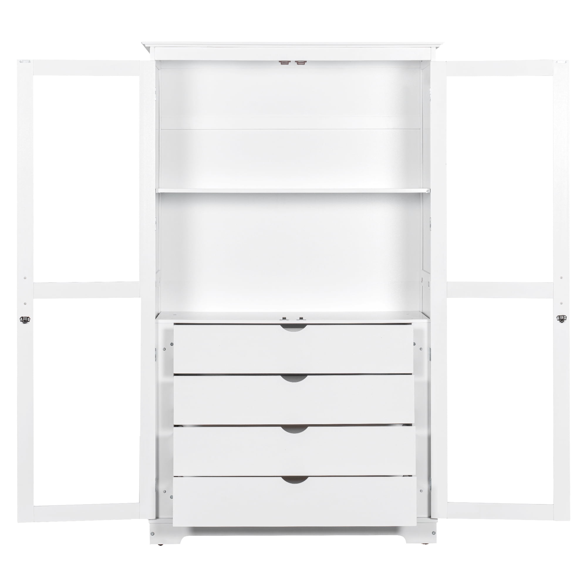 Euroco Extra Large Solid Pine Wood Kitchen Pantry Cabinet with Glass Doors, 4 Drawers & Adjustable Shelf, Freestanding Storage Cabinet – 44.7"W