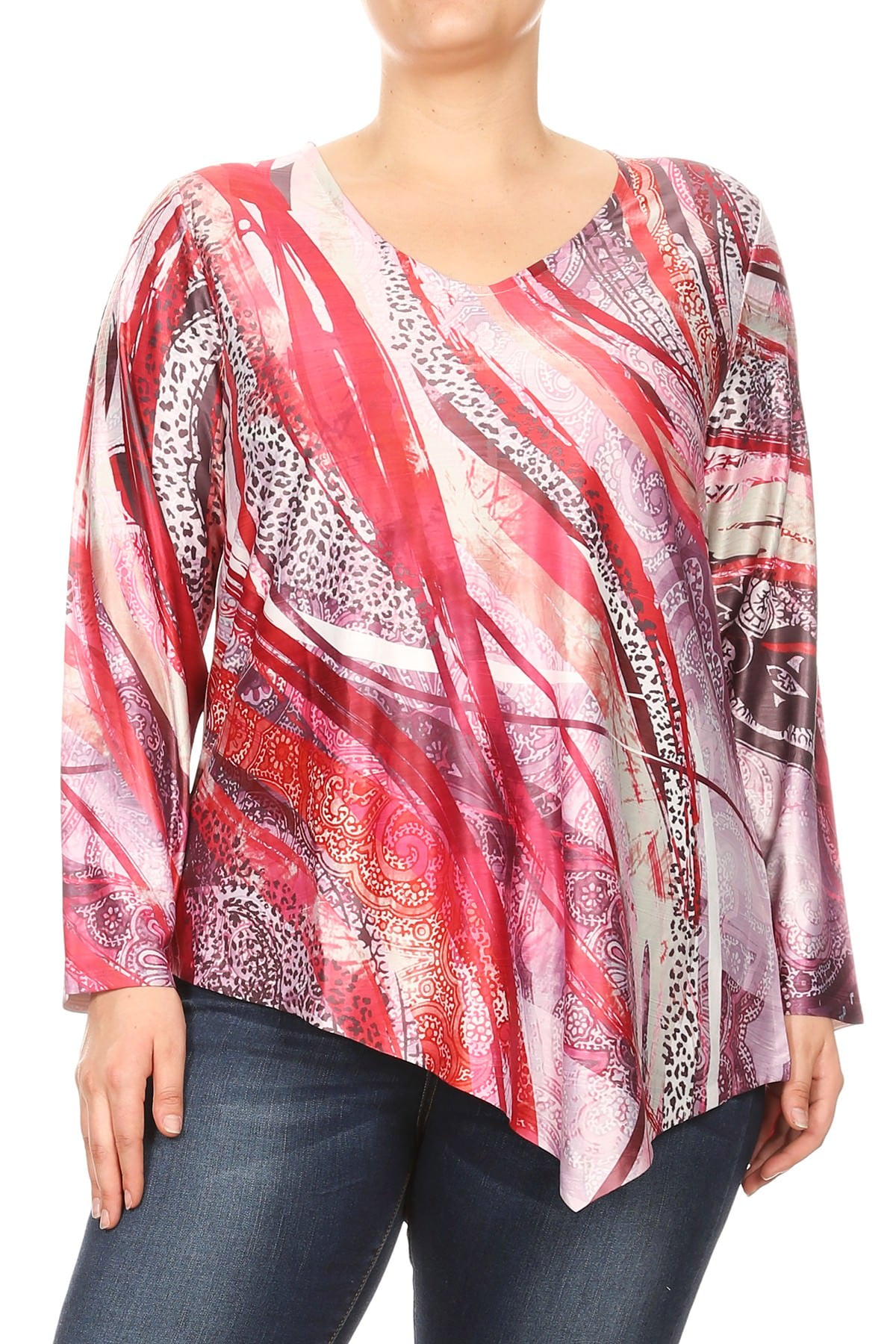 Blunight Collection - Women Plus Size Abstract Design Long Sleeve Leopard Blouse Tunic Top Red 