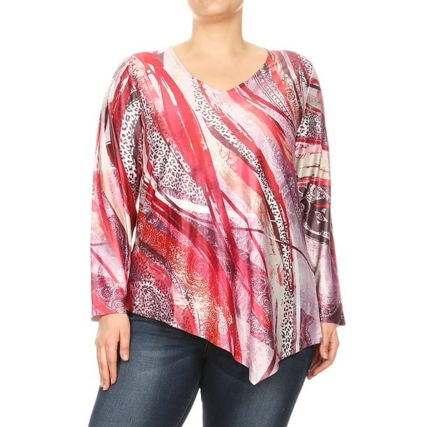 Women Plus Size Abstract Design Long Sleeve Leopard Blouse Tunic Top ...