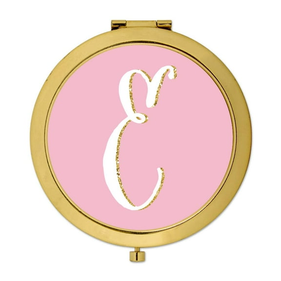 Koyal Wholesale Gold Compact Mirror Bridesmaid's Wedding Gift, Blush Pink Faux Gold Glitter, Monogram Letter E, 1-Pack