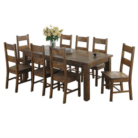 Benjara Caly 9pc Dining Table Set 8 Ladderback Side Chairs Rustic Golden Brown