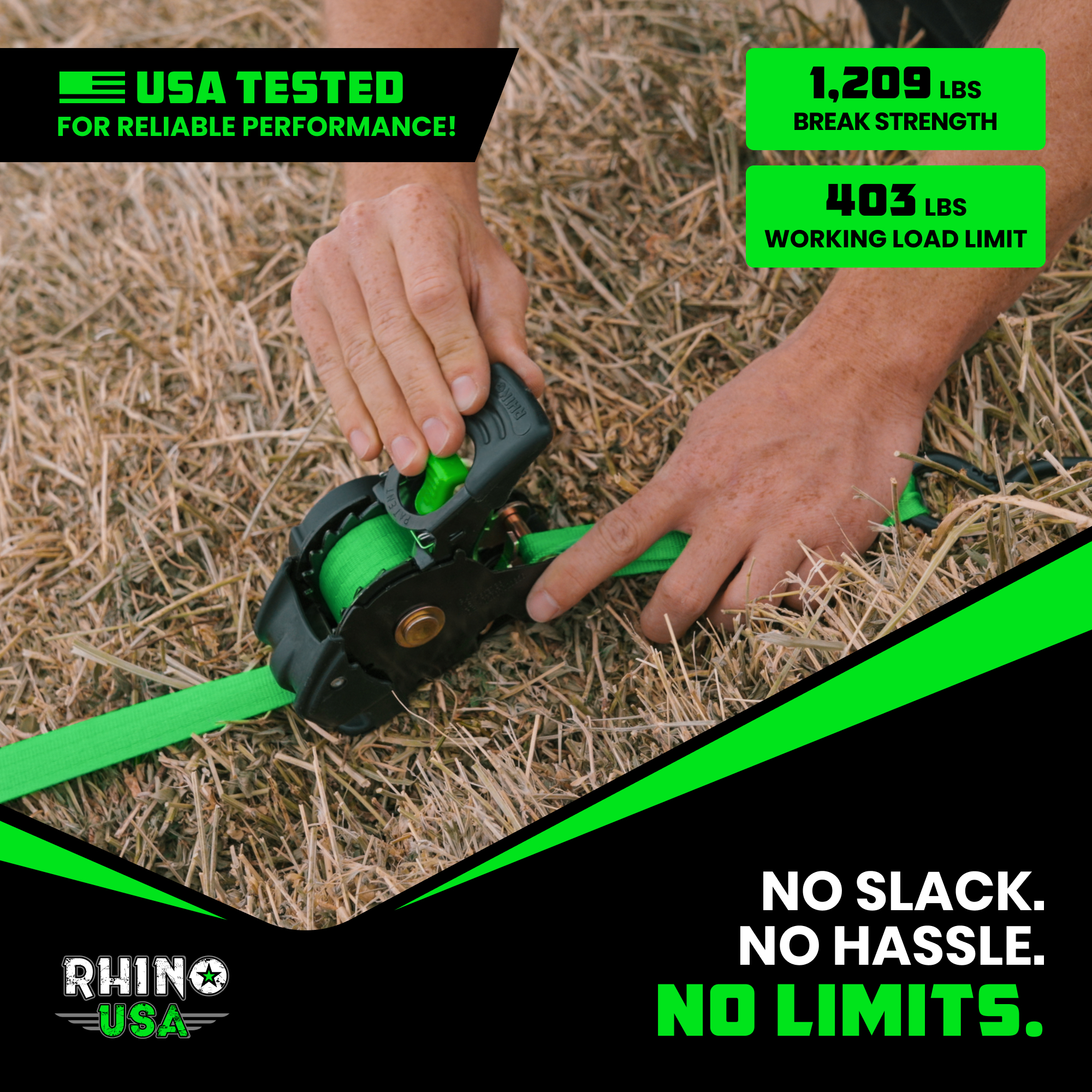 Rhino USA 1" x 10' Retractable Ratchet Straps 1,209lb Break Strength (Green 4-Pack)