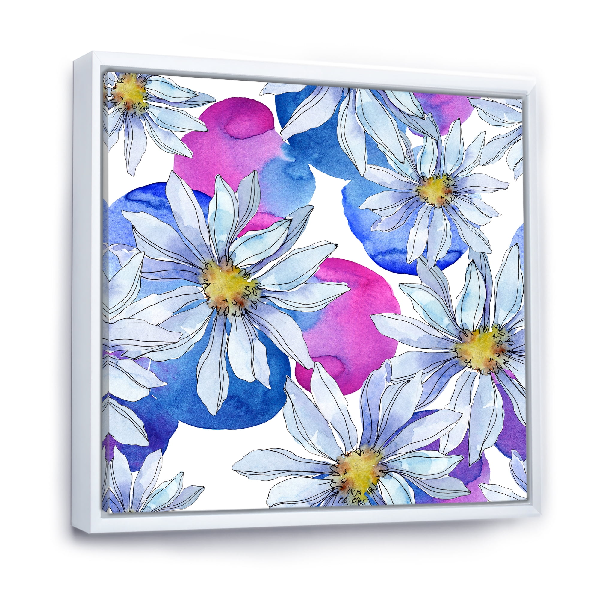 Designart 'Daisies On Red and Blue Backgorund' Traditional Framed Canvas Wall Art Print