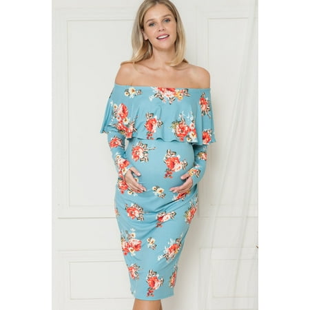 

Querencia Women s Maternity Off Shoulder Floral Print Long Sleeve Ruffle Midi Dress
