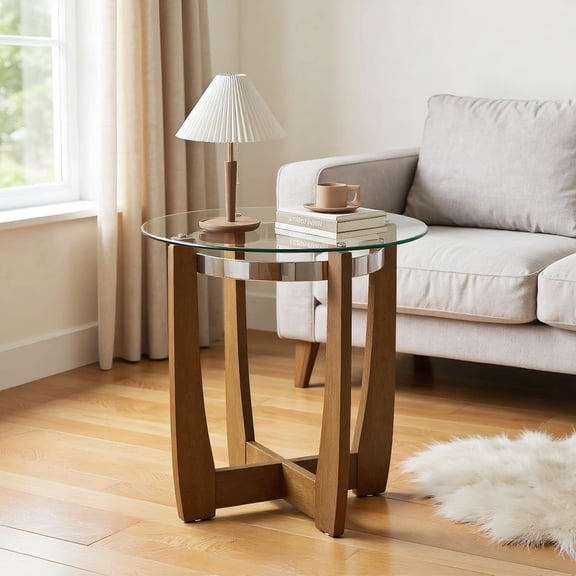 Barara King 24 Inch Round Side Table Stylish Accent Table with Tempered Glass Top Rubber Wood Base for Living Room Bedroom Home Office, Walnut