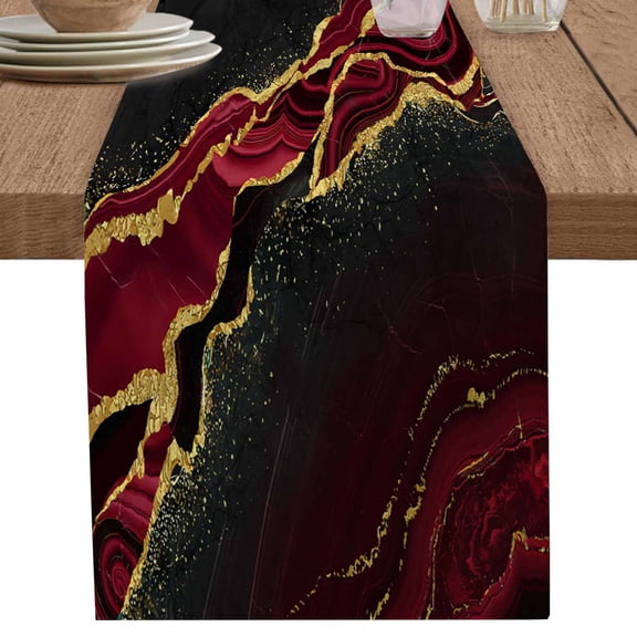nqOlkjepod Red Marble Table Runner 36 Inches Long Farmhouse Dress Scarves, Gold Abstract Vintage Modern Ombre Art Dining Tablerunner for Coffee Table/Kitchen Island/Party Décor, Small 13" x 36"