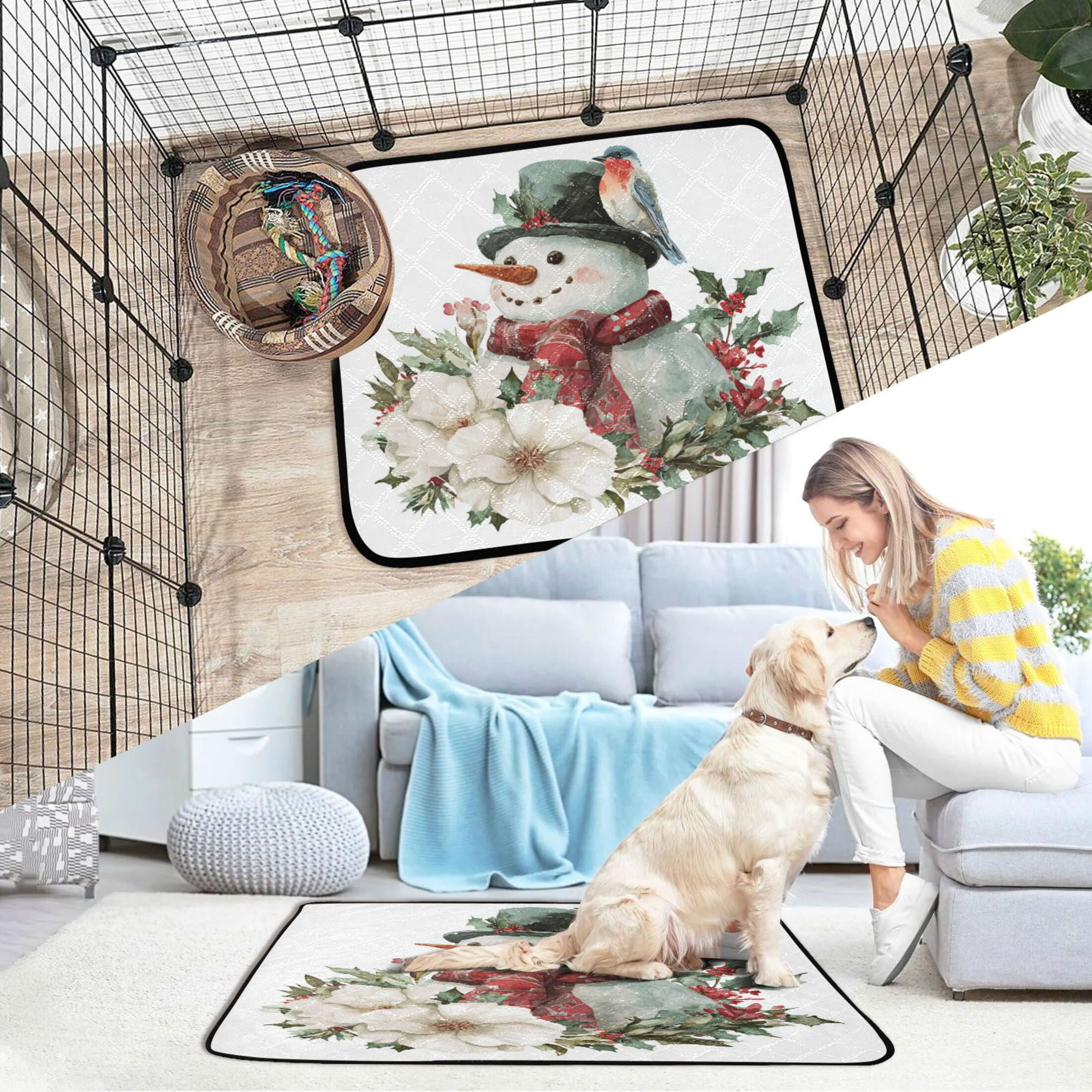 Qxltty Winter Snowman Cat litter Pads Pet Set of 2 Diaper Mats Center Anti-leakage Layer Absorbent Soft and Comfortable