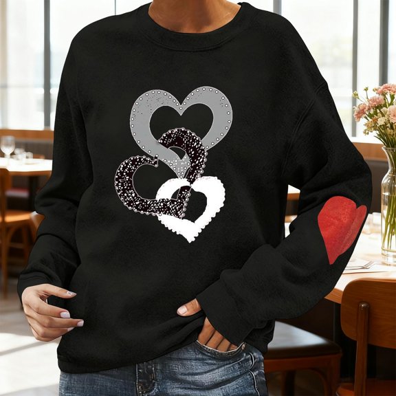 Valentine's Sweatshirt for Women 2026 Love Heart Graphic Pullover Crewneck Long Sleeve Tops Valentines Sweatshirt Black L