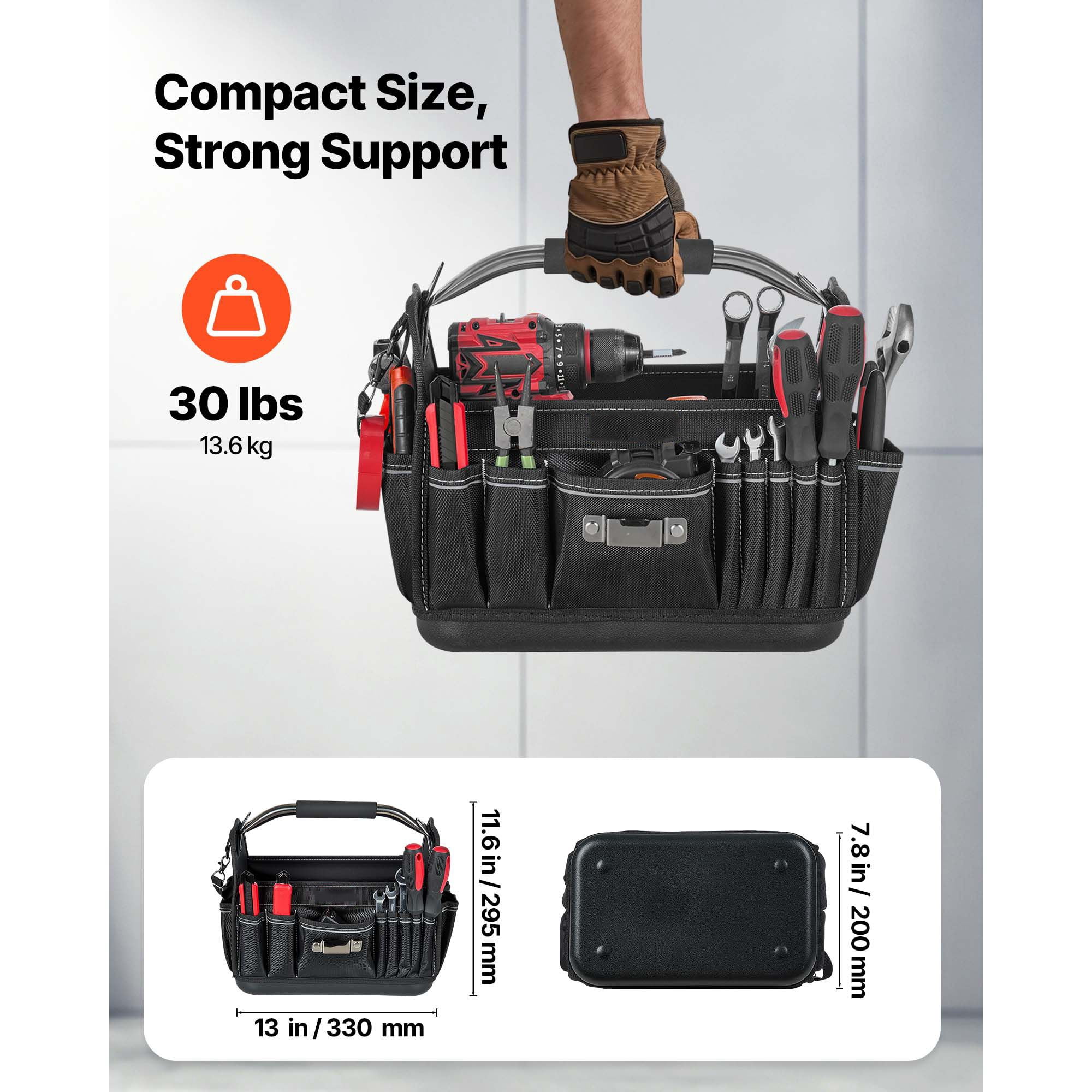 Tool Bag, 13 Inch, 33-Pocket Open Top Tool Tote, Portable Electrical Maintenance Toolbox Organizer Storage with Hard Plastic Base, Adjustable Shoulder Strap, for Professionals DIY & Jobsite Use