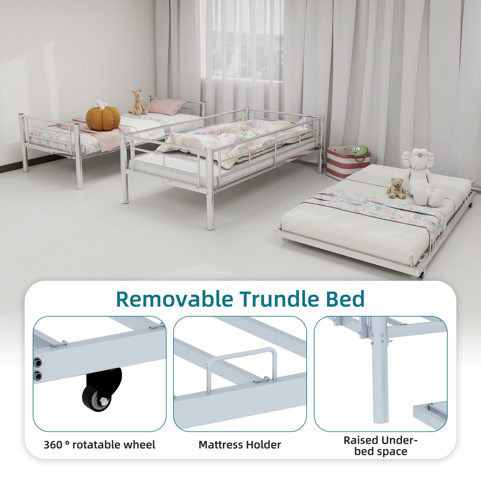 Alvantor Twin Bunk Bed with Trundle for Kids & Teens, Heavy Duty Metal Bed Frame, Triple Bunk Bed Silver