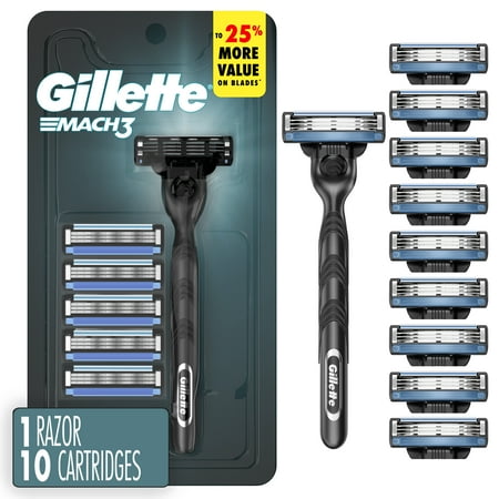 Gillette Mach3 Shaving Razor for Men 1 Gillette 3-Blade Razor Handle for Men s Grooming 10 Razor Blade Refills Razor Blades with Lubrication Strip