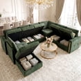 thumbnail image 3 of Advwin 126" U-Shaped Oversized Modular Sectional Sofa with Ottoman, Storage Under Each Seat & Gold Metal Accents, 7-Seater Modern Luxury Chenille Convertible Cloud Couch for Living Room, Dark Green, 3 of 14
