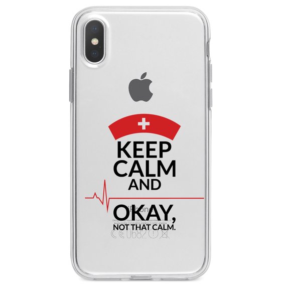 DistinctInk Clear Shockproof Hybrid Case for iPhone XS Max (6.5" Screen) - TPU Bumper Acrylic Back Tempered Glass Screen Protector - Keep Calm, Not That Calm - Nurse Flatline