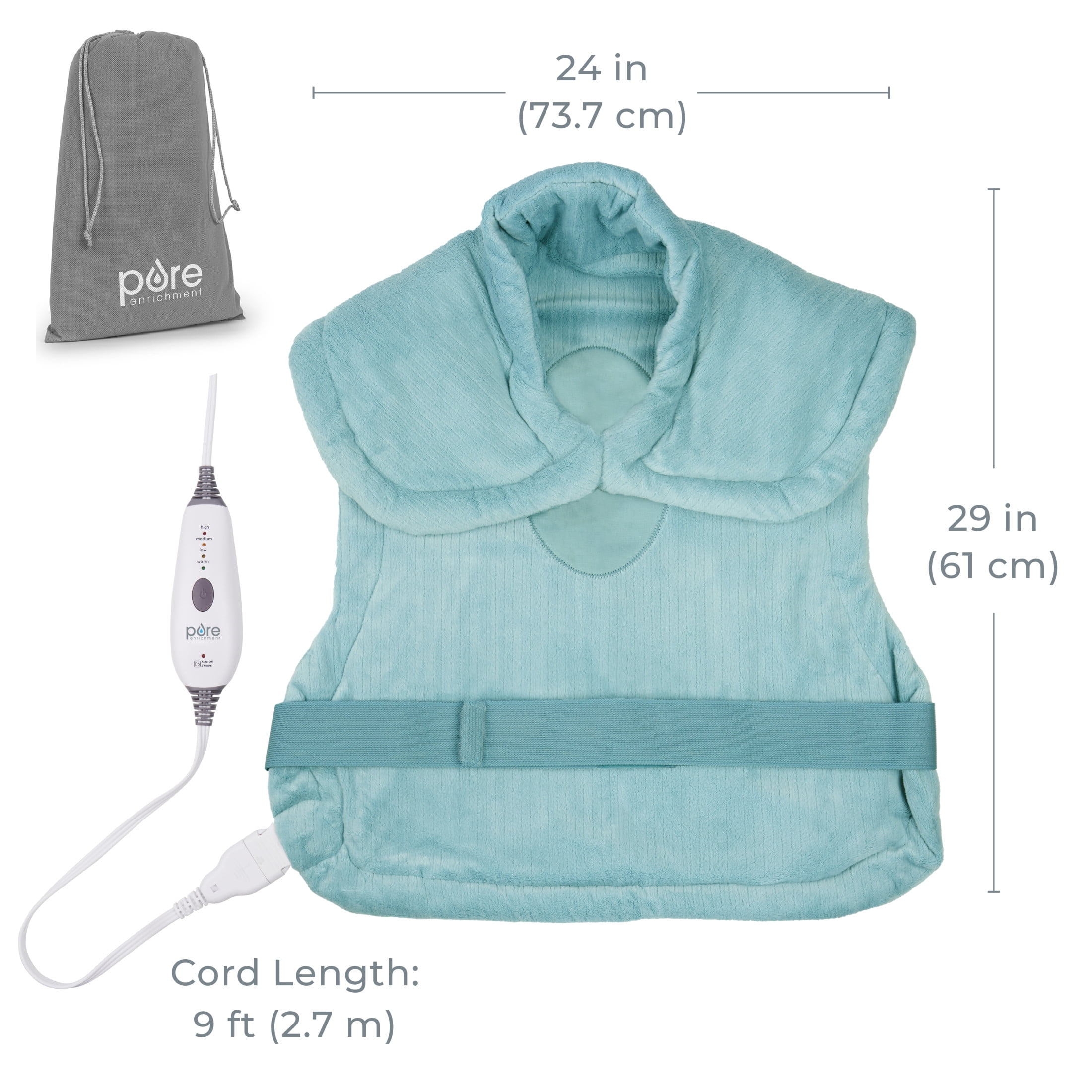 Pure Enrichment PureRelief XL Back & Neck Heating Pad- Safe Heat Therapy for Sore Muscles, & Pain in Neck, Back, & Shoulders - 4 Heat Settings w/ Auto Shut-Off, Soft Fabric (Sea Glass)
