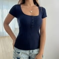 thumbnail image 2 of FRSASU Womens Short Sleeve Sweater Casual Summer Square Neck Button Pullover Tops Ribbed Knit Sweater Blouse Navy, 2 of 4