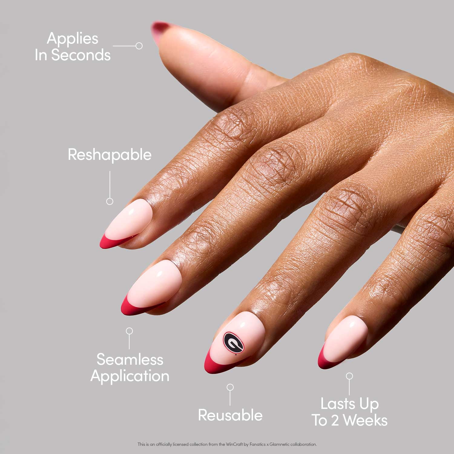 Glamnetic x Fanatics Press On Nails - Georgia Bulldogs | Short Almond Fake Nails, NCAA Bulldogs Red French Tips, College Nails, Salon-Quality | 15 Sizes - 30 Nail Kit with Glue