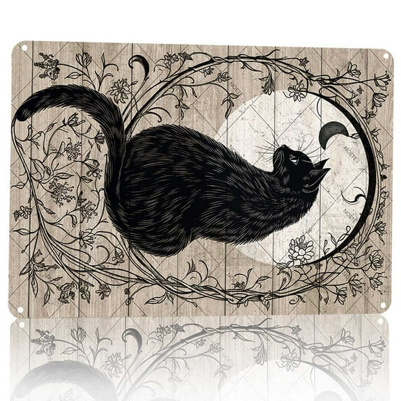 Noete 12x16 Inch Gothic Black Cat & Moon Metal Tin Sign, Vintage Witchy Wall Decor for Halloween, Home & Altar, Mystical Metal Sign Decoration