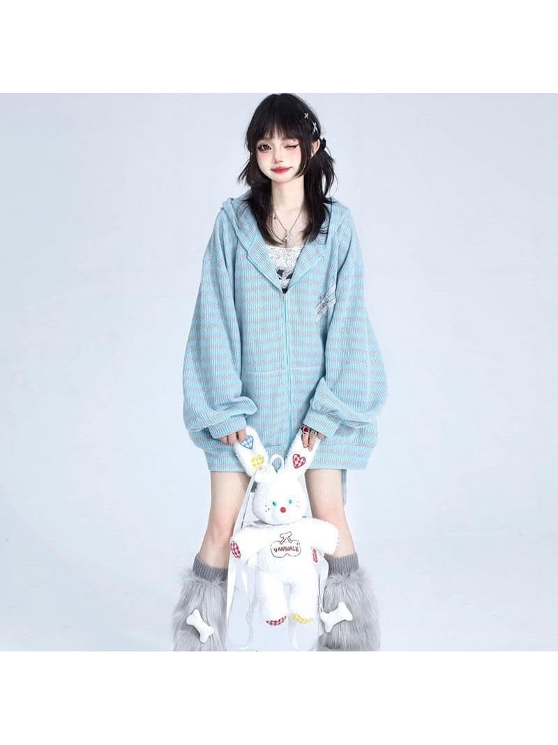 Kukuzhu Y2K Bunny Ear Hoodie Harajuku Kawaii Striped Zip Up Hoodie Kukuzhu Y2K Bunny Ear Hoodie Harajuku Kawaii Striped Zip Up Hoodie