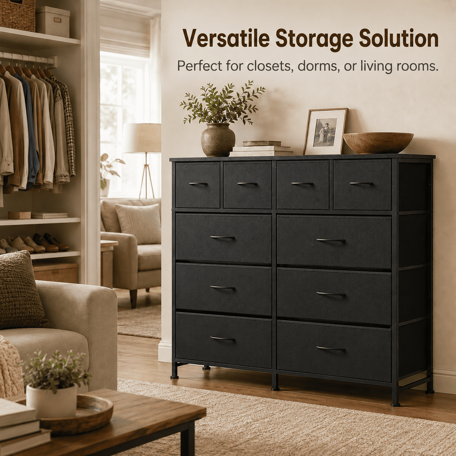 Alvantor 12-Drawer Dresser, Fabric Storage Tower for Bedroom, Hallway, Entryway, Closet, Tall Chest Organizer Unit with Fabric Bins, Steel Frame, Wood Top, Easy Pull Handle
