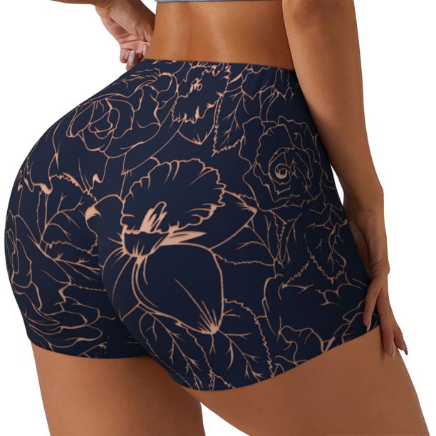 Balery Copper-Gold Gloss Outline Flower Pantalones cortos de entrenamiento estampados para mujer, sin costuras, ajustados, para gimnasio, yoga, correr, deportes, ejercicio activo, fitness.-Small