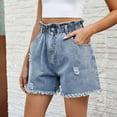 thumbnail image 2 of Diufon Denim Shorts for Women Ruffle Elastic Midi Waist Button Shorts Ripped Frayed Shorts with Pockets, 2 of 6