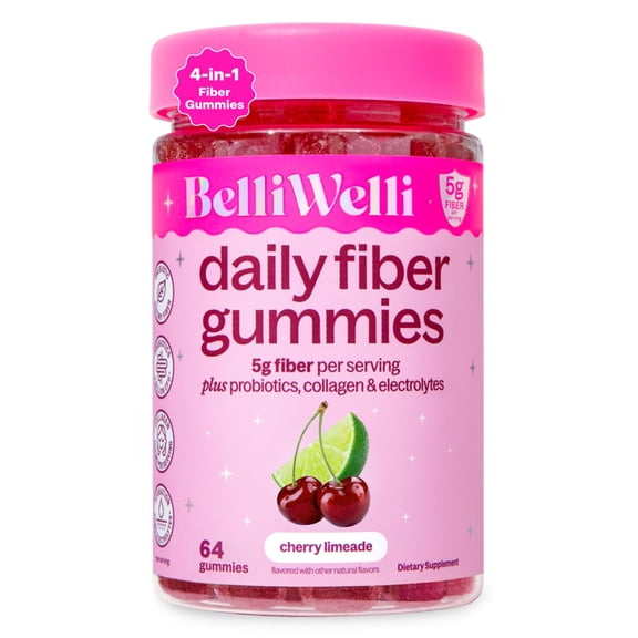 BelliWelli Daily Fiber Gummy Supplement with Probiotics, and Collagen - Cherry Limeade 64 Count