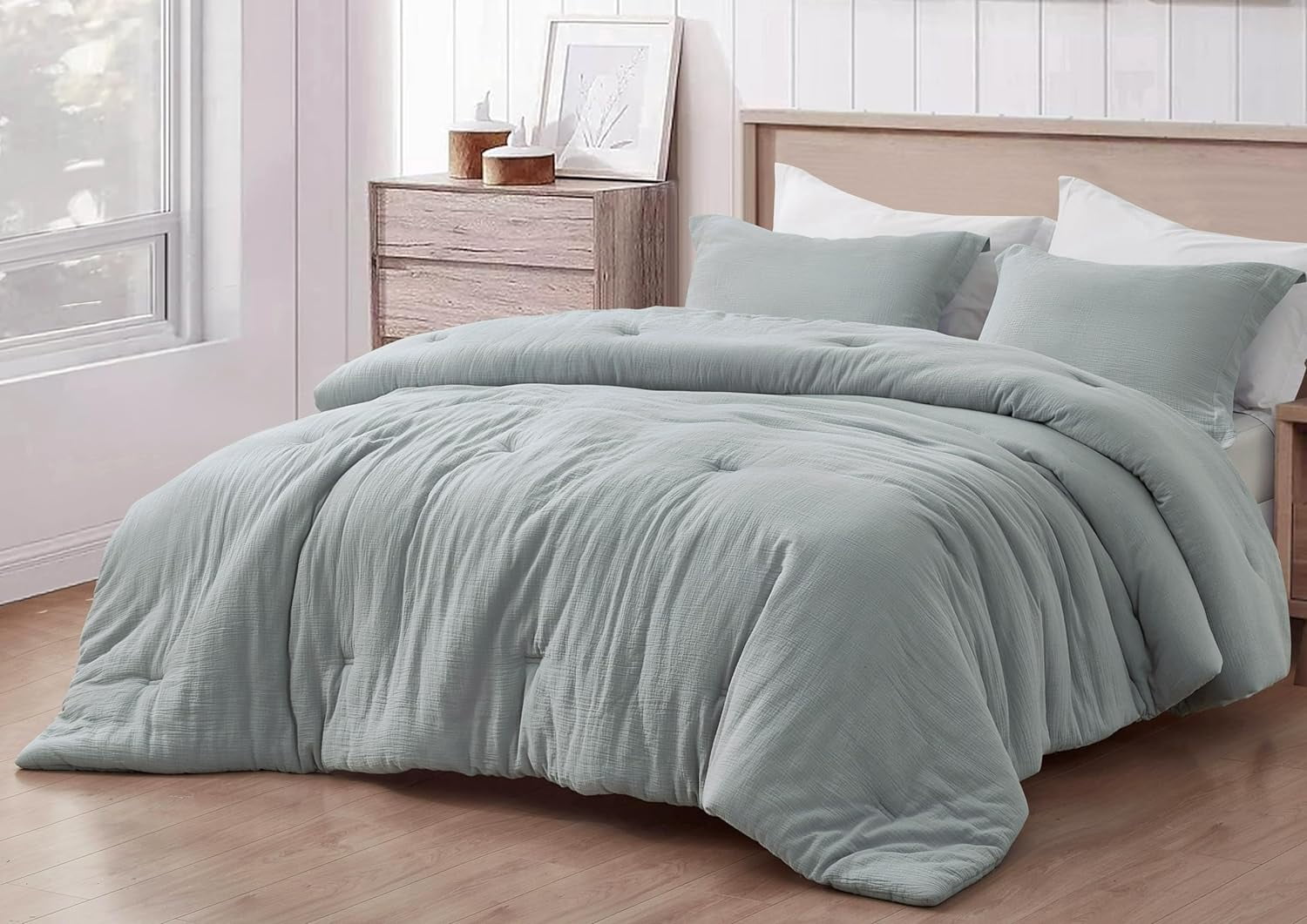 Chezmoi Collection Breeze 3-Piece 100% Cotton Muslin King Comforter Set, Light Blue-Gray Soft Washed Cotton Gauze Comforter, Lightweight Breathable Bedding for All Season
