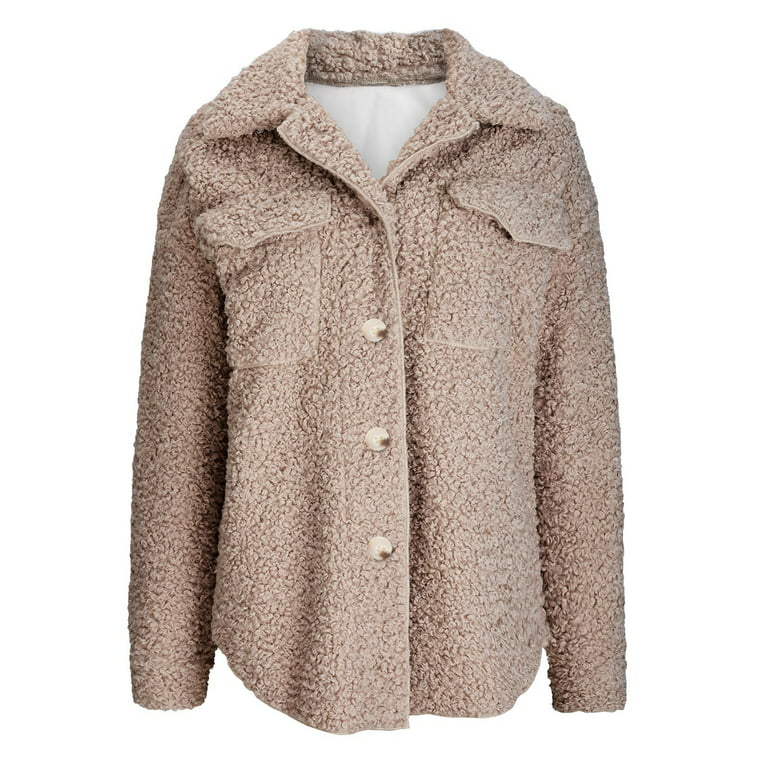 Womens Fuzzy Fleece Jacket Winter Long Sleeve Button Casual Sherpa Coats  Warm Outwear With Pockets