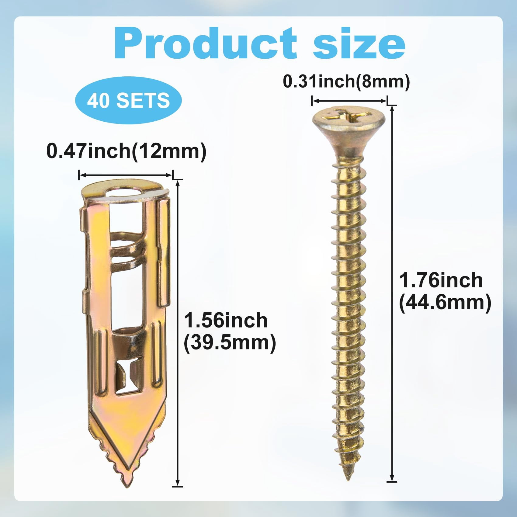 80pcs Self-Drilling Drywall Anchors, Heavy Duty Screws and Anchors Kits, Metal Drywall Anchors for Picture Frames Curtains TV Shelves- Gold (No Drill and Holes in Wall, 40 Sets)