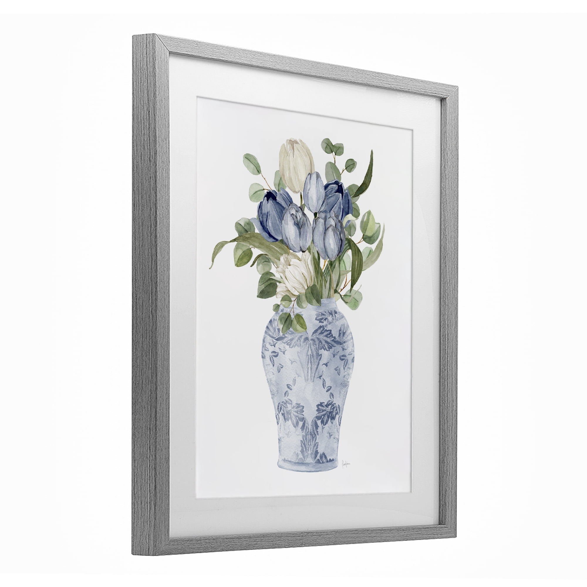 Stupell Industries Tulips & Leaves Vase Gray Framed Print Under Glass, design by Livi Finn