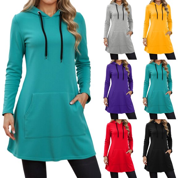 CAIXIA Long Womens Hoodies Oversized Pullover Cotton Casual Cozy Long Sleeve Tops Printed Womens Sweatshirts Trendy with Kangaroo Pocket Solid Color Fall Clothes
