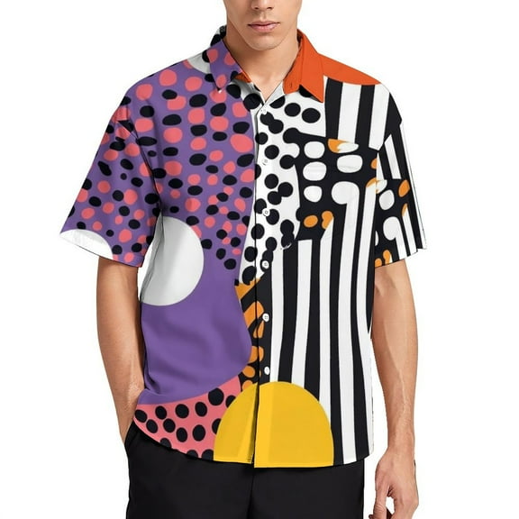 Mens Summer Color Wave Point Geometry Shirts Button Down Short Sleeve Vintage Hawaiian Shirts with Pocket
