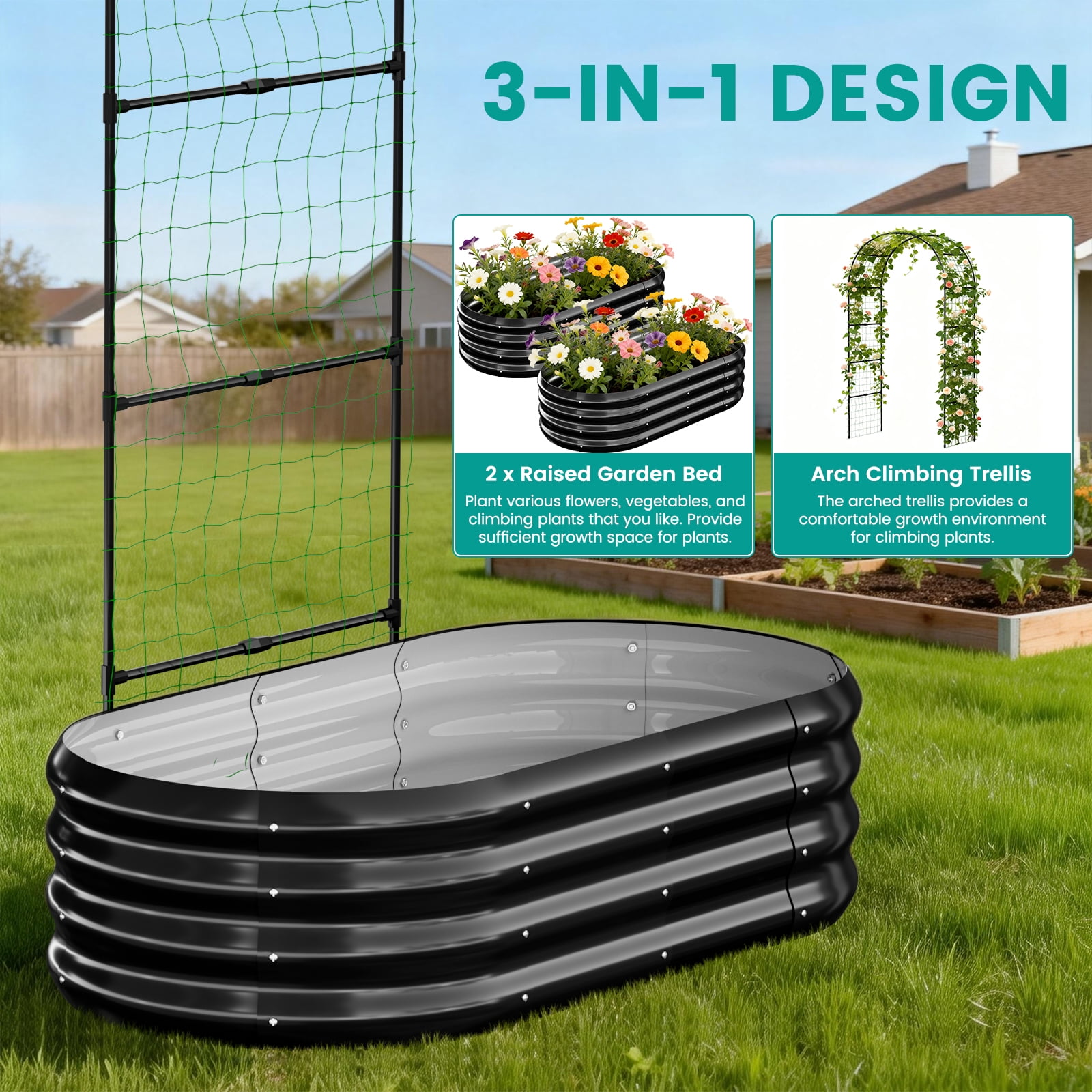 MOPHOTO 87inch Raised Garden Bed Arched Trellis Galvanized Planter Backyard Box Outdoor for Gardening,Climbing Vegetables,Plants,Flowers(Black-2pcs)