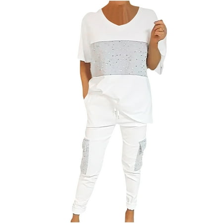 Plus Size 2 Piece Outfit for Women Clearance Sequin Solid Color Patchwork Two-piece Short Sleeve Casual Set Short Sleeve Top/shirt Set 3XL