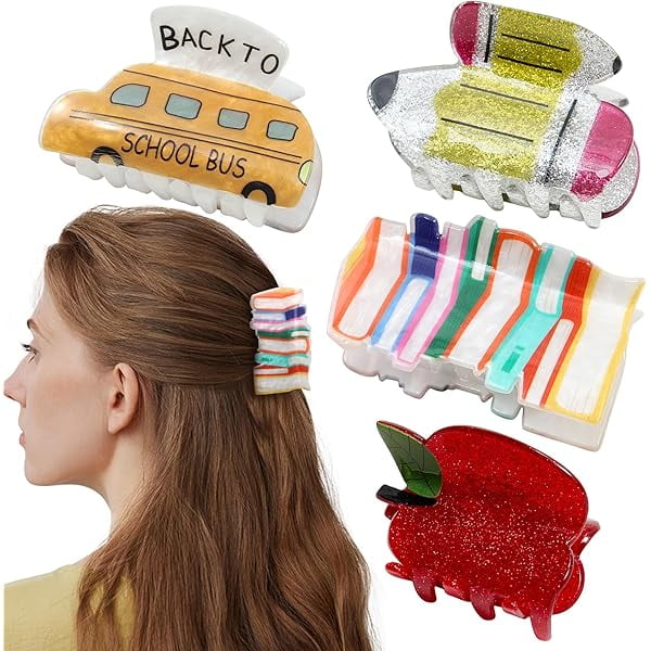 wonima11 Book, Apple, School Bus, and Pencil Hair Claw Clips for Back to School - Funny Teacher Hair Barrettes for Thin Hair, Cute Hair Accessories for Women Book Lovers as Teacher Appreciation Gifts