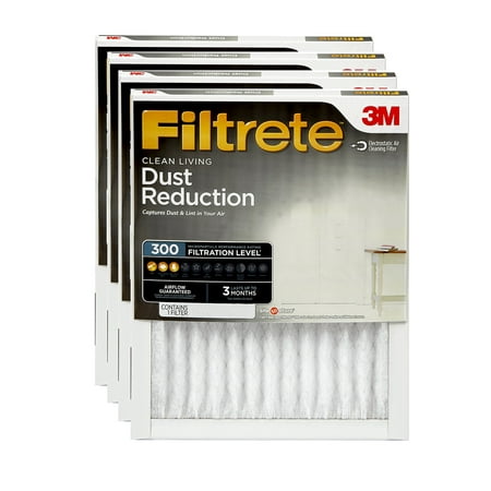 Filtrete 20x20x1, Clean Living Dust Reduction HVAC Furnace Air Filter, 300 MPR, Pack of 4 Filters