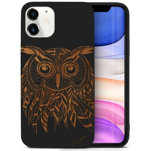 Case Yard Wooden Case for iPhone-12-Mini Soft TPU Silicone cover Slim Fit Shockproof Wood Protective Phone Cover for Girls Boys Men and Women Supports Wireless Charging Owl Design