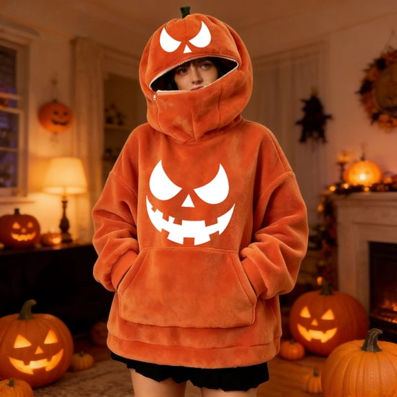 Dwelliawo Orange Black Fuzzy Fleece Zip Pumpkin Hoodie for Women Men Cool Spooky Pumpkin Face Pocket Sweatshirt Halloween Cosplay Outfit Light Brown 2xL
