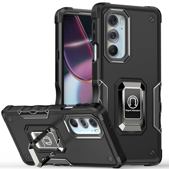 Rosebono Compatible With Motorola Edge 2022 Case, Hybrid Metal Ring Magnetic Support Kickstand Protective Defender Armor Cover Case (Black)