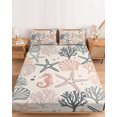 thumbnail image 2 of Full Size Fitted Sheet Set - Coral Pink Grey Coastal 3 Piece Bedding Sets 16" Deep Pocket Fitted Sheet with 2 Pillowcases Summer Beach Starfish Coral Nautical Rustic Brushed Microfiber Bed Sheets, 2 of 9
