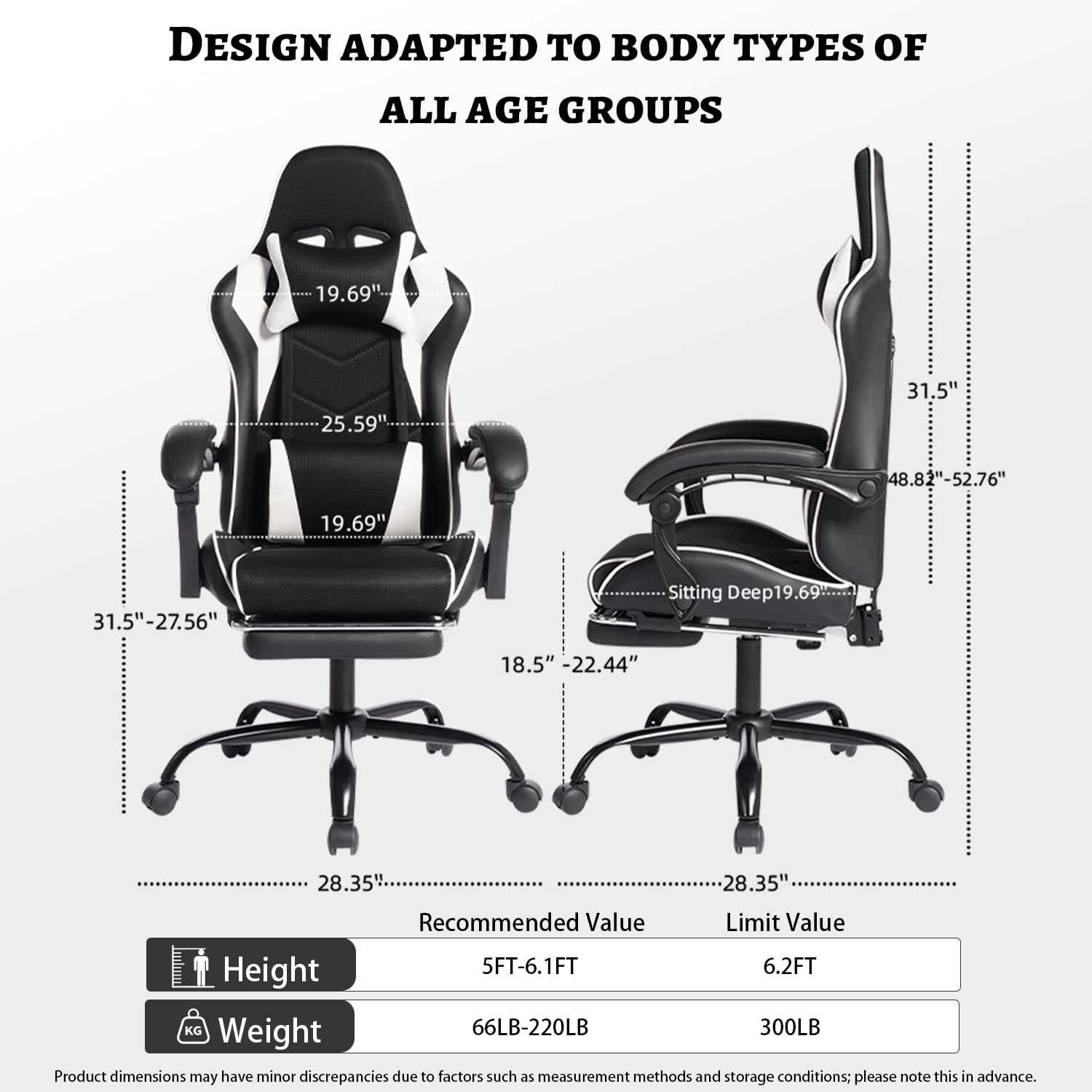 Mintazer Gaming Chairs with Footrest, Massage Leather Game Computer Chair with Headrest and Lumbar Support, E-Sports Chair for Adults Home Office, Black & White