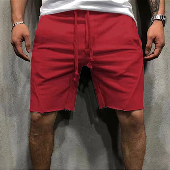Fnnxeal Mens Cotton Blend Relaxed Fit Shorts Drawstring Elastic Waist Raw Hem Active Lounge Casual Red,Size L