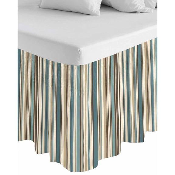 Boho Teal Stripes Wrap Around Bed Skirts for Queen Bed 18" Drop,Bed Skirt with Adjustable Elastic Belt Dust Ruffle Bed Valance for Bedroom Hotel Bohemian Vertical Striped Geometric Bed Frame Cover