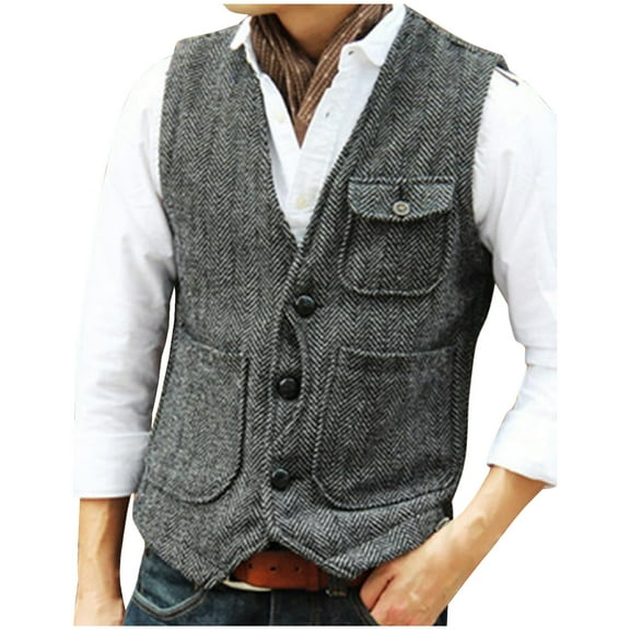 Fewfanhot Men's Herringbone Tweed Vest Classic V Neck Suit Waistcoat Button Up Formal Wear for Business, Wedding, and Casual Layering