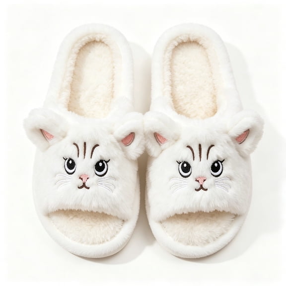 FAZVAOO Slippers for Women,Cartoon Cat Fuzzy Open Toe Slip on Indoor Soft Warm House Slippers White 5.5-6