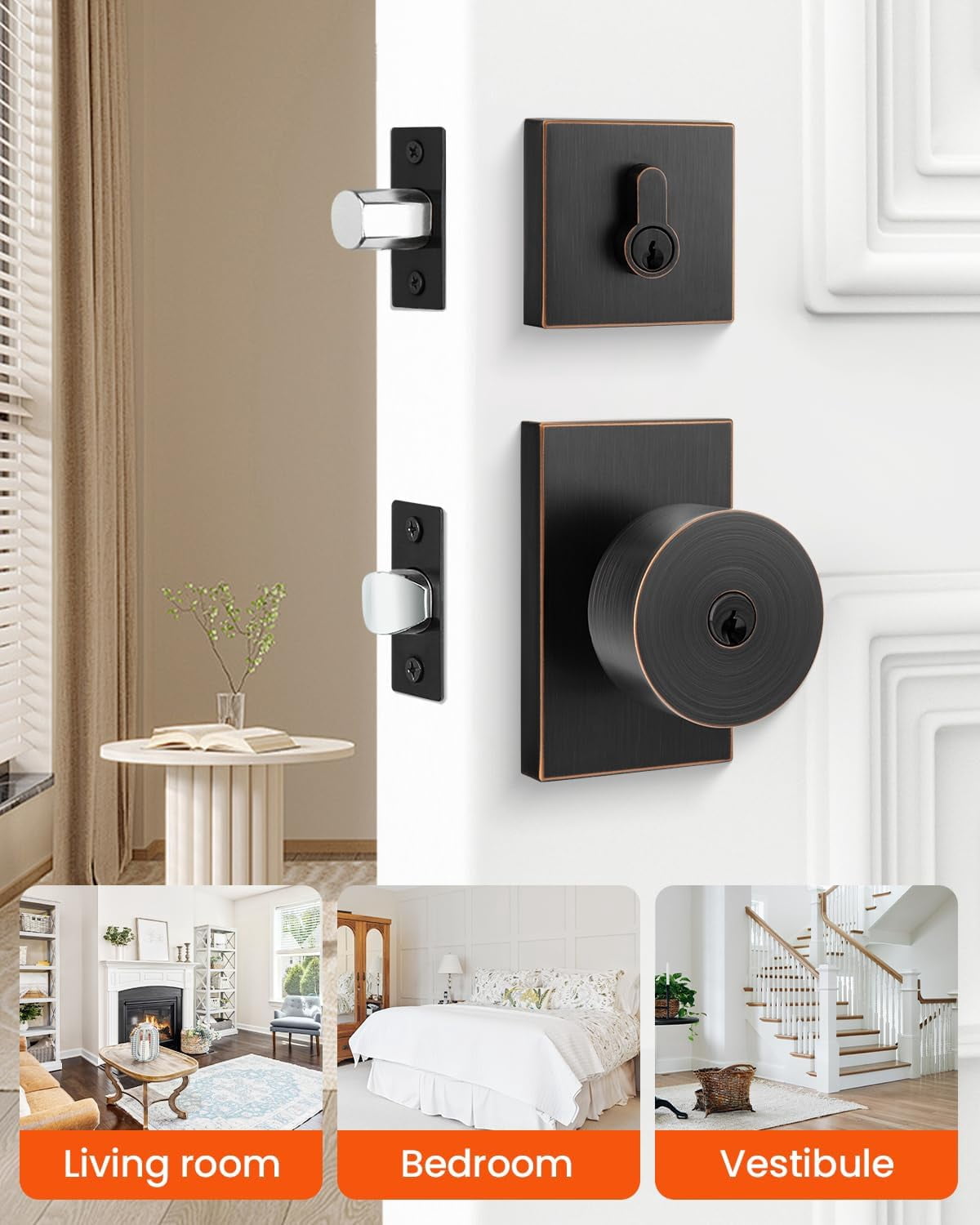 Oil Rubbed Bronze Door Knob with Deadbolt, Zinc Alloy Bronze Keyed Alike Exterior Door Lock Set, Heavy Duty Front Door Knob and Deadbolt Set with Lock and Key, Reversible (1 Pack)