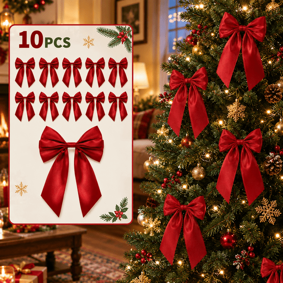 New Christmas Red Bows10pcs , Soft & Flexible Fabric Material, Decorative Christmas Bows for Wreath, Garland & Tree Decor, Indoor & Outdoor Holiday Decorations