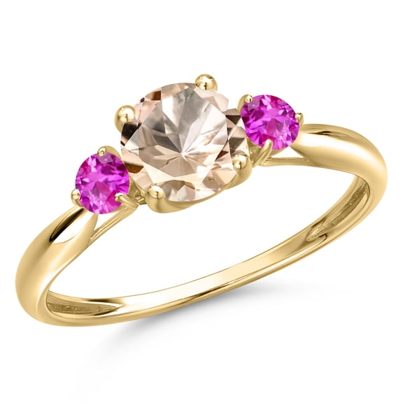 Gem Stone King 10K Yellow Gold Peach Morganite and Pink Sapphire 3-Stone Ring for Women | 0.87 Cttw | Round 6MM | Gemstone October Birthstone | Size 7